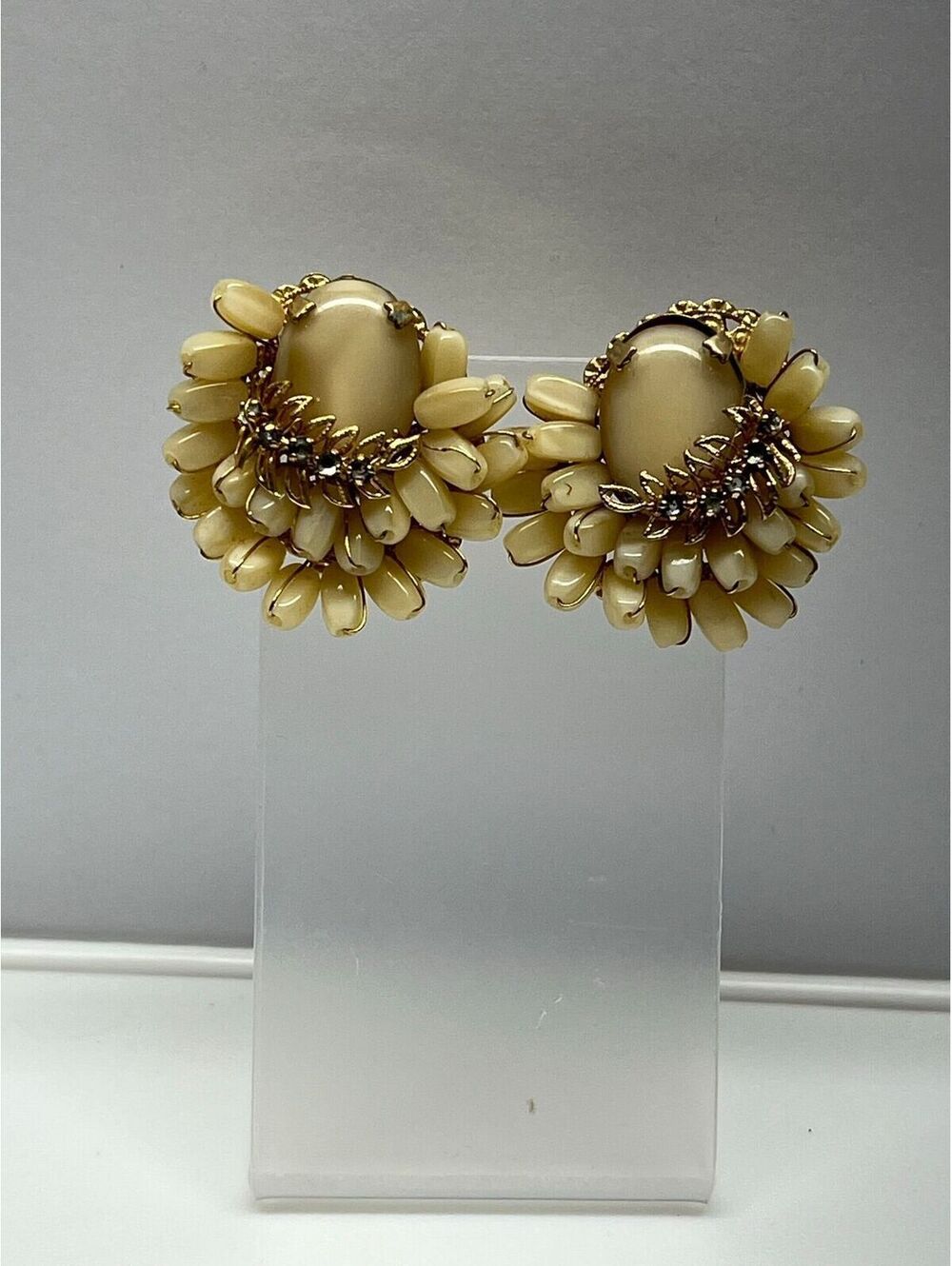 #64 Unsigned Mariam Haskell Clip On Earrings Wired Milk Glass Leaf Design